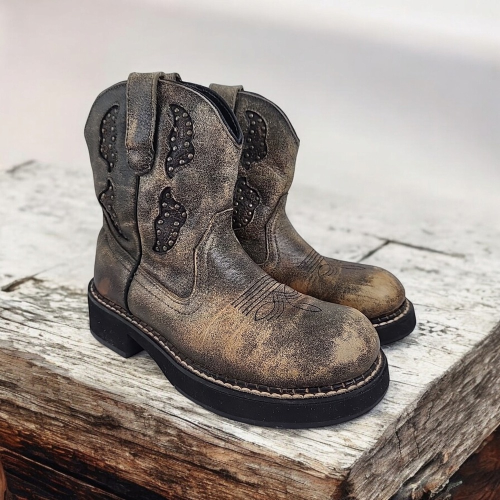 Roper Distressed Western Cowgirl Boots Women 6.5 Round Toe Studs 9-21-5554-5554